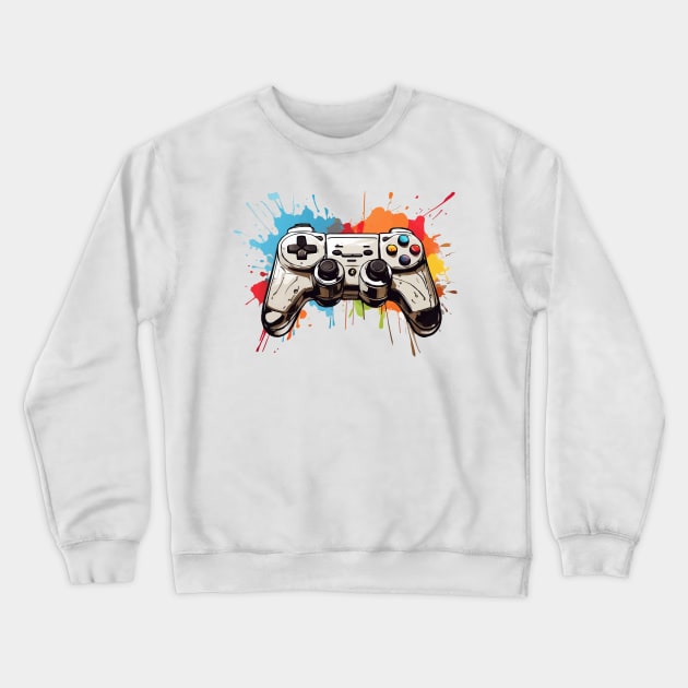 Retro game controller with painting splashes, gamer design Crewneck Sweatshirt by colorbyte